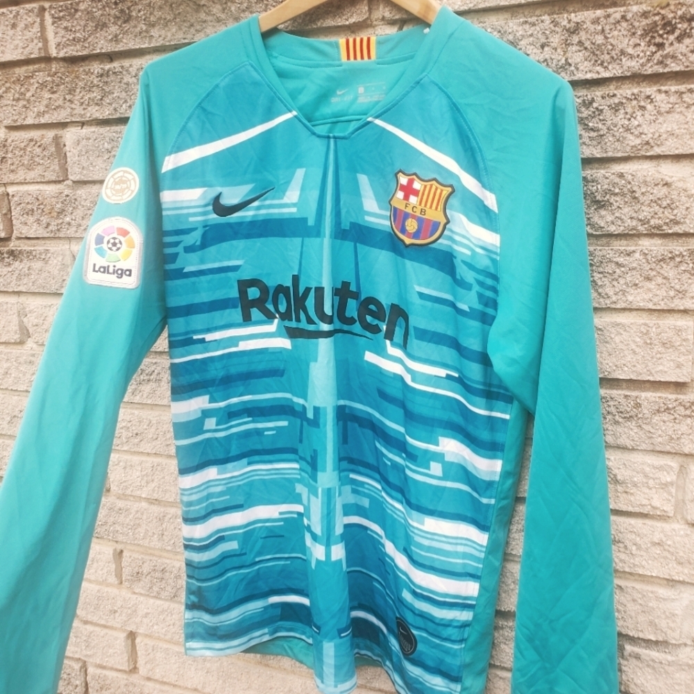 Nike FCB soccer football jersey striped Sz L Barca Barcelona Long Sleeve